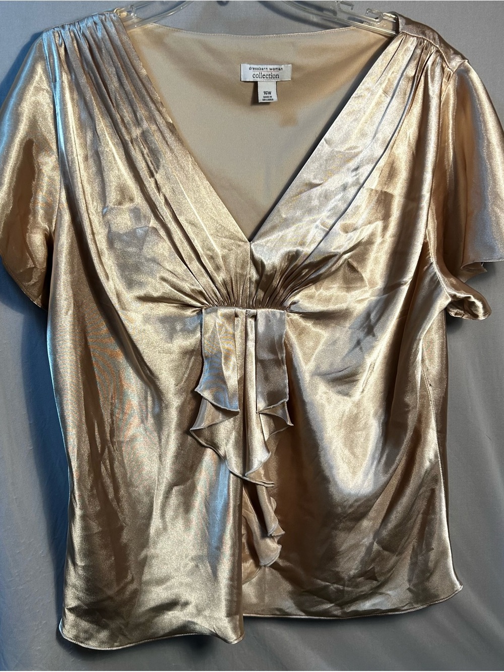 Dress Barn Metallic Gold V-Neck Ruffle Satin Top